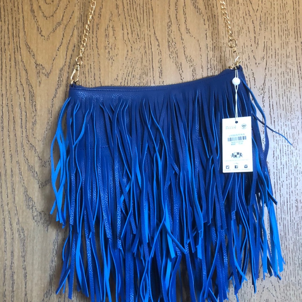 blue fringe vegan crossbody purse